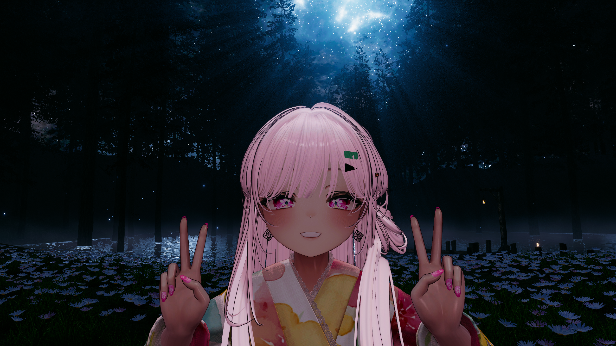 星空のワールドでピースサインをするMAZINのアバター
